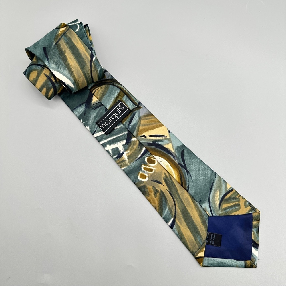 Vintage Marquis Abstract Print Tie – Teal Gold Gray Geometric Polyester Necktie - Picture 2 of 5